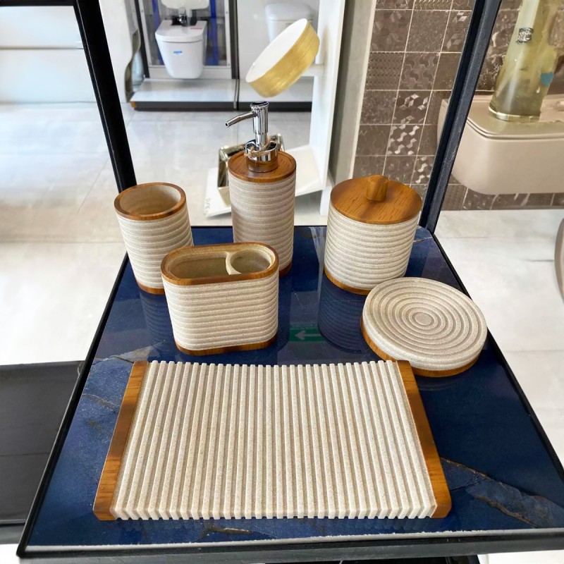 Conjunto de accesorios de baño de cerámica beige/madera clara KOUROU 